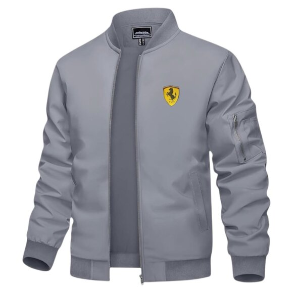 Men's Ferrari Car Logo Embroidered Light Weight Bomber Jacket -Gray